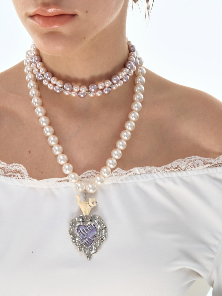 Cat Heart Enamel Pearl Necklace - CHINASQUAD