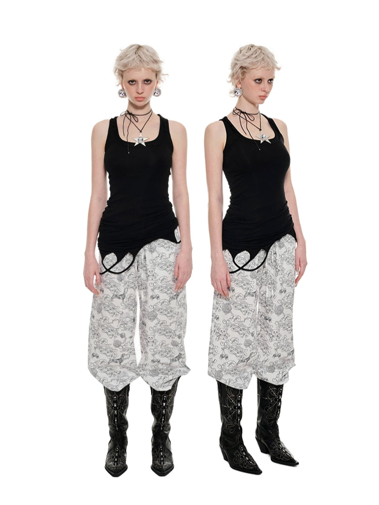 Black Letter Tattoo Print Cotton Pajamas Set - CHINASQUAD