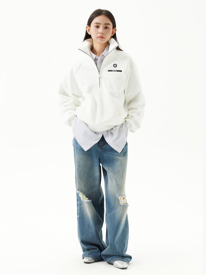 Half-Zip Stand Collar Loose Fit Fleece Sweatshirt - CHINASQUAD