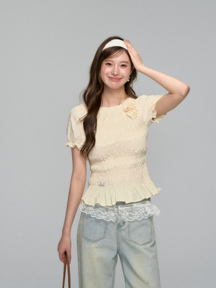 Three-Dimensional Flower Pleated Short-Sleeve Blouse - CHINASQUAD