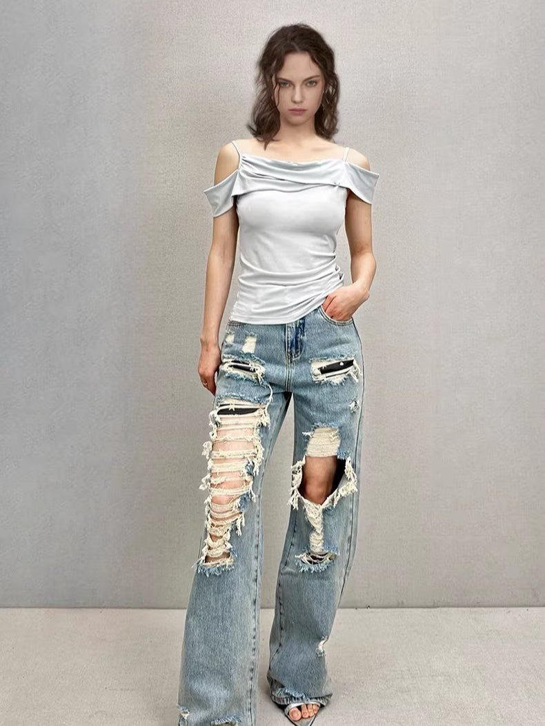Straight-Leg Distressed Denim Jeans