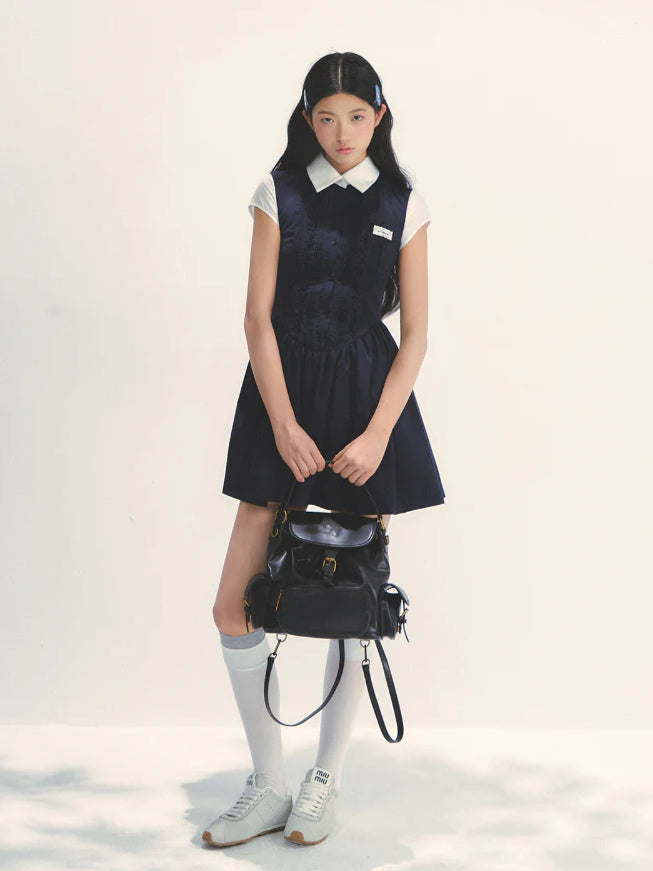 Miu-style Fake Two-piece Navy Blue Dress - CHINASQUAD