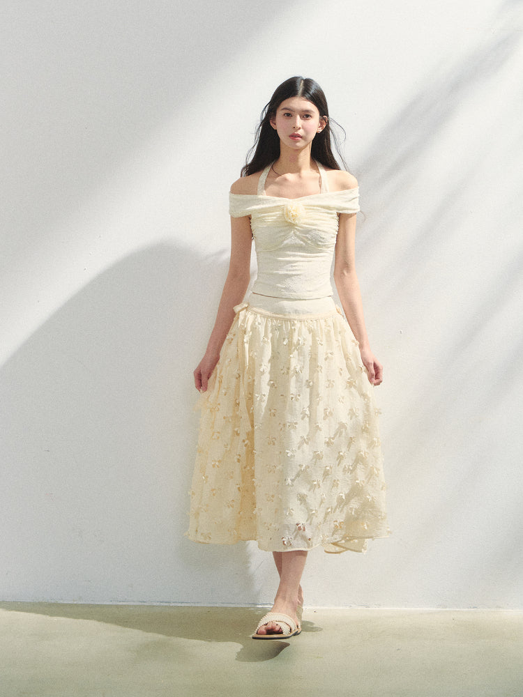 Off Shoulder 3D Flower Lace Short Top - CHINASQUAD