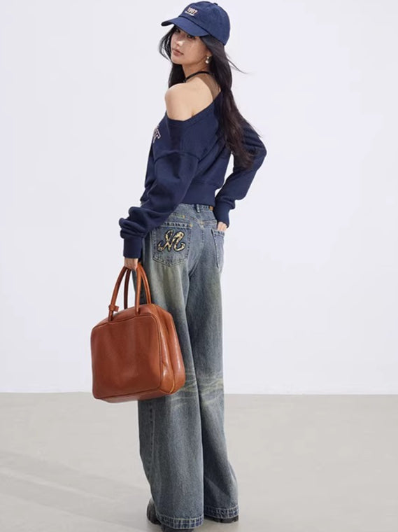 Off-Shoulder Letter-Print Cropped Sweatshirt