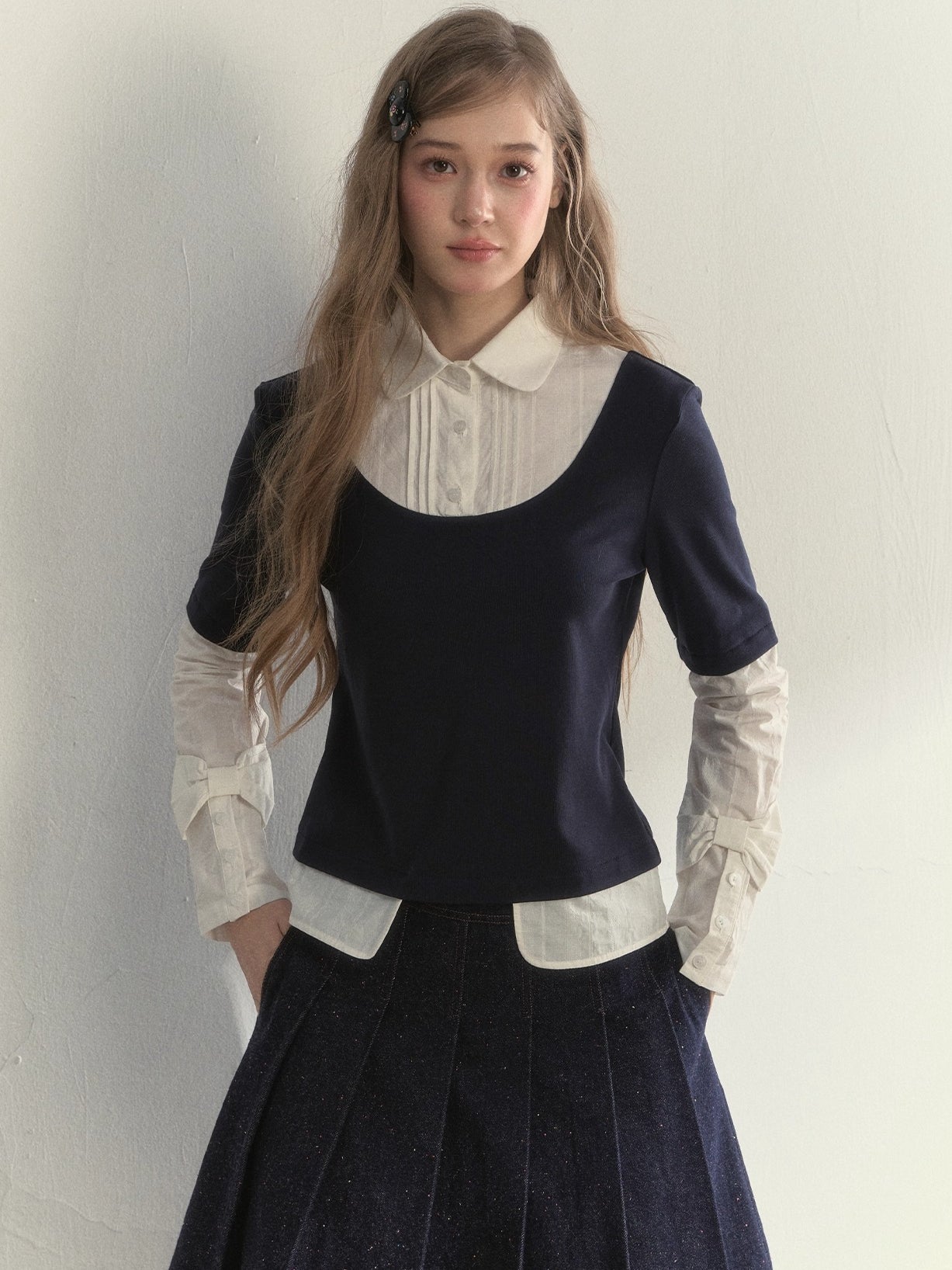 Navy Layered Long-Sleeve Knit Shirt