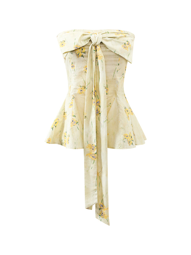 Yellow Floral Elastic Bow - adorned Strapless Top - CHINASQUAD
