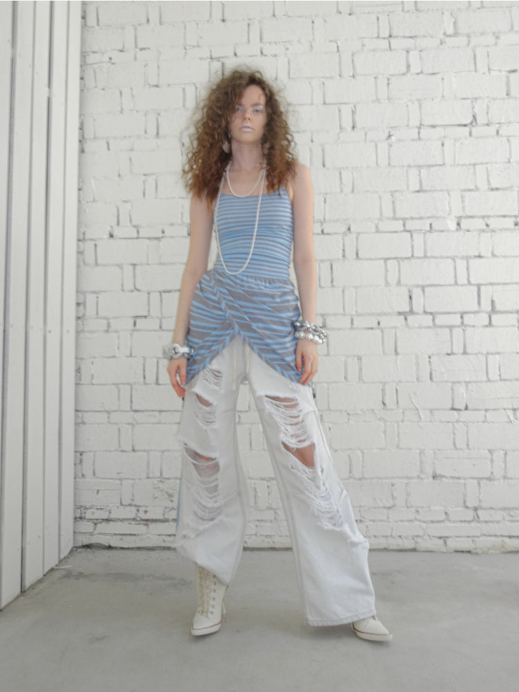 Blue-Gray Striped Two-Way Beaded Swing Collar Tank Top - CHINASQUAD