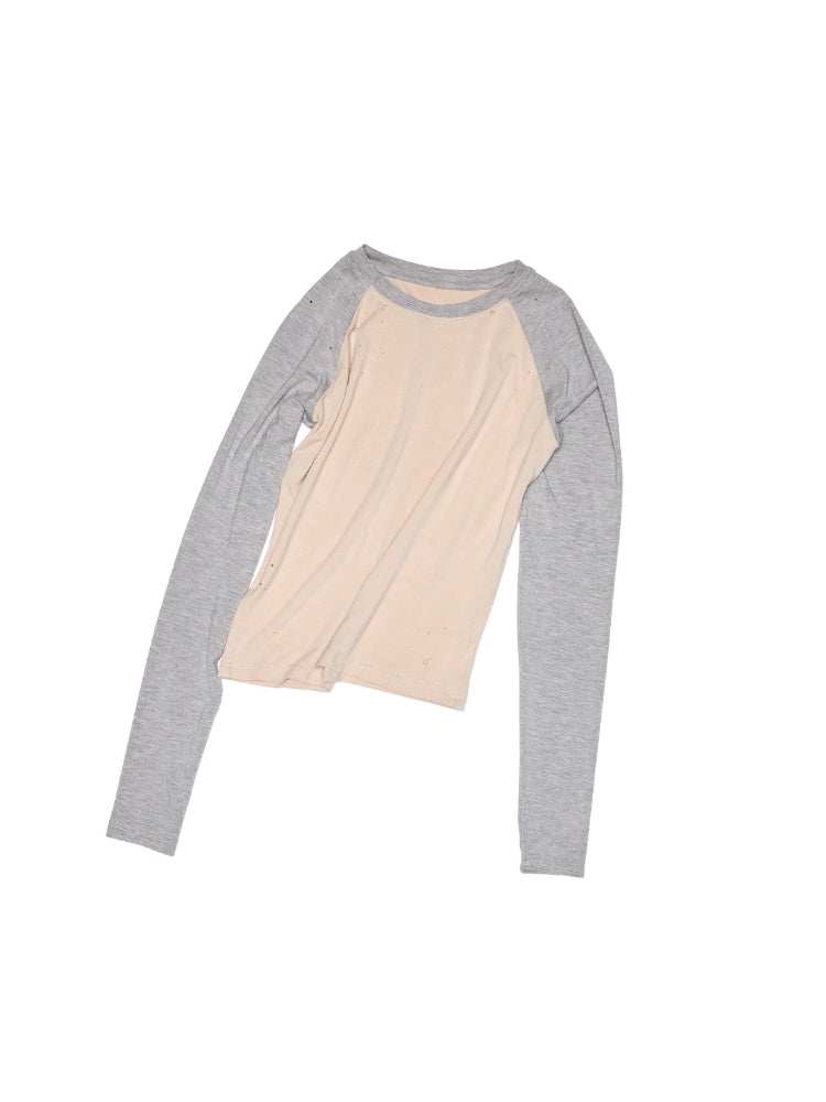Printed Ripped Color-Block Crew Neck T-shirt