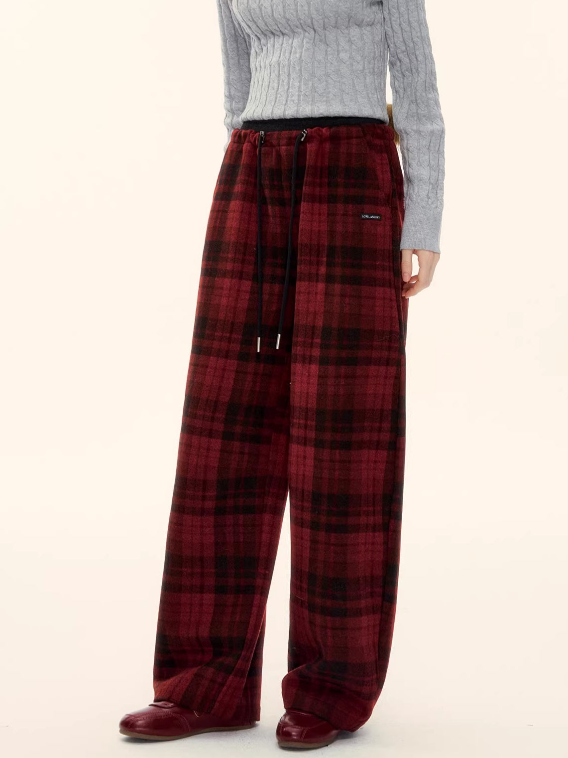 Vintage Wool-Blend Drawstring Wide-Leg Pants