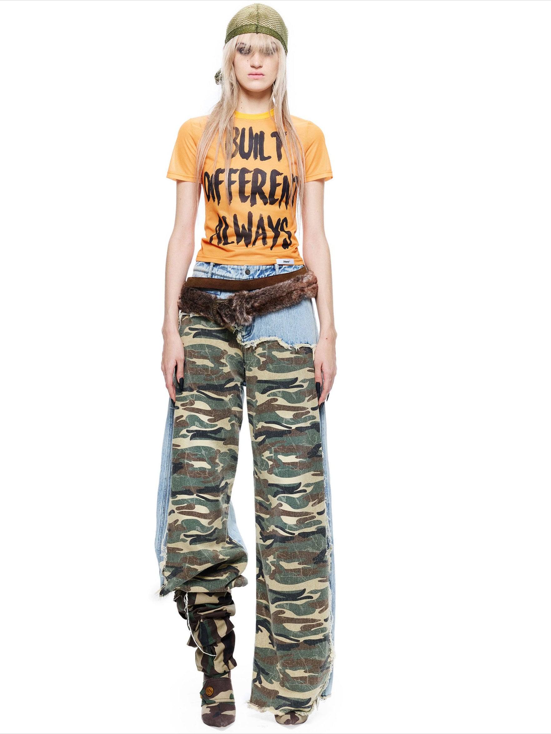 Camouflage Panel Distressed Washed Jeans