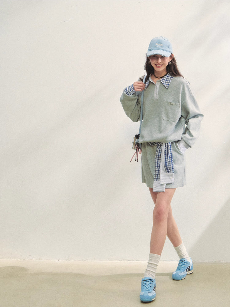 Fake Two-Piece Checkered Shirt Panel Sweatshirt - CHINASQUAD