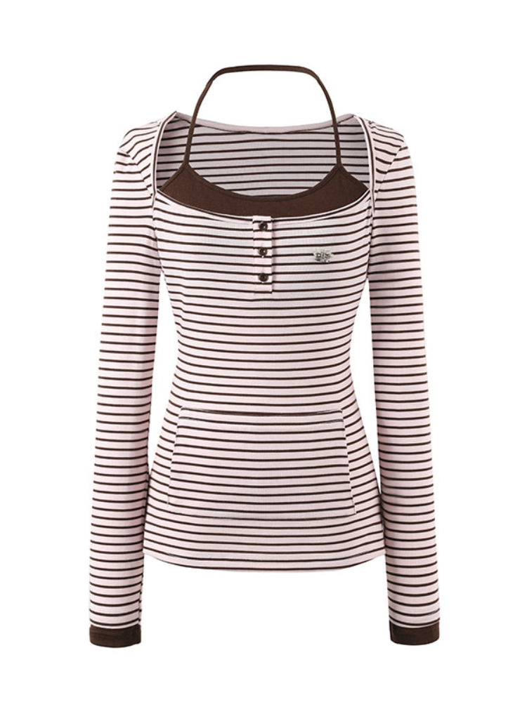 Two-piece Look Striped Hooded Tee - CHINASQUAD