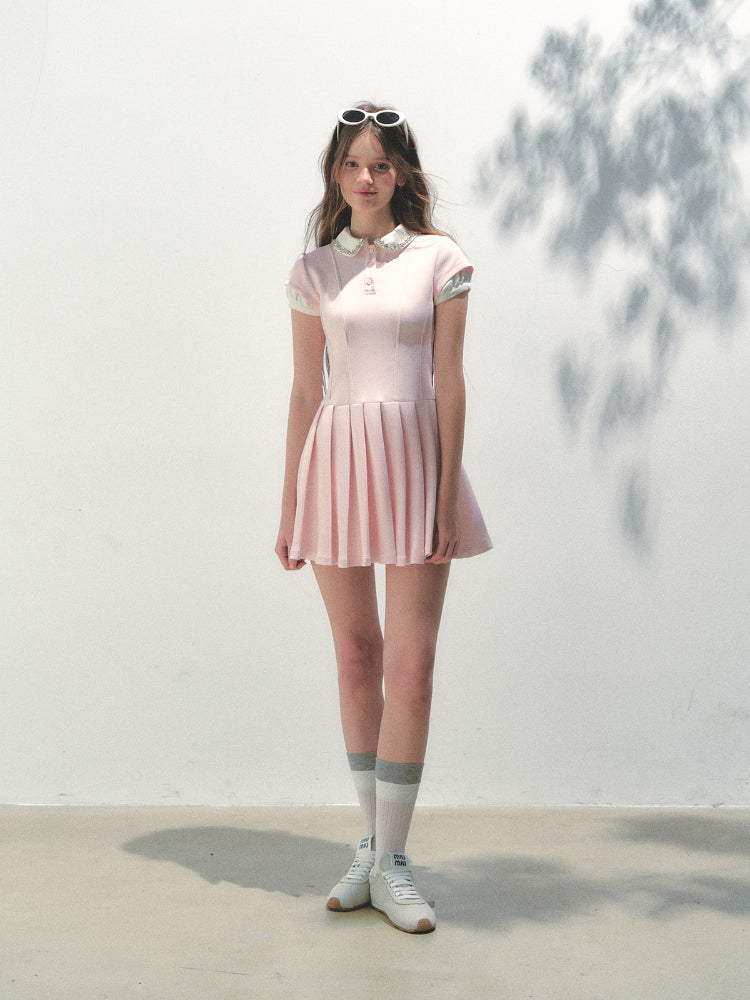 Polo Collar Rhinestone Pleated Dress - CHINASQUAD