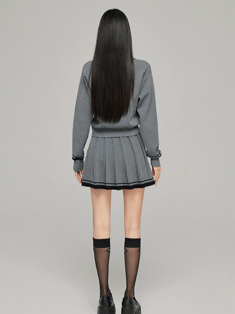 Contrast Color Knit V-neck Cardigan Set - CHINASQUAD