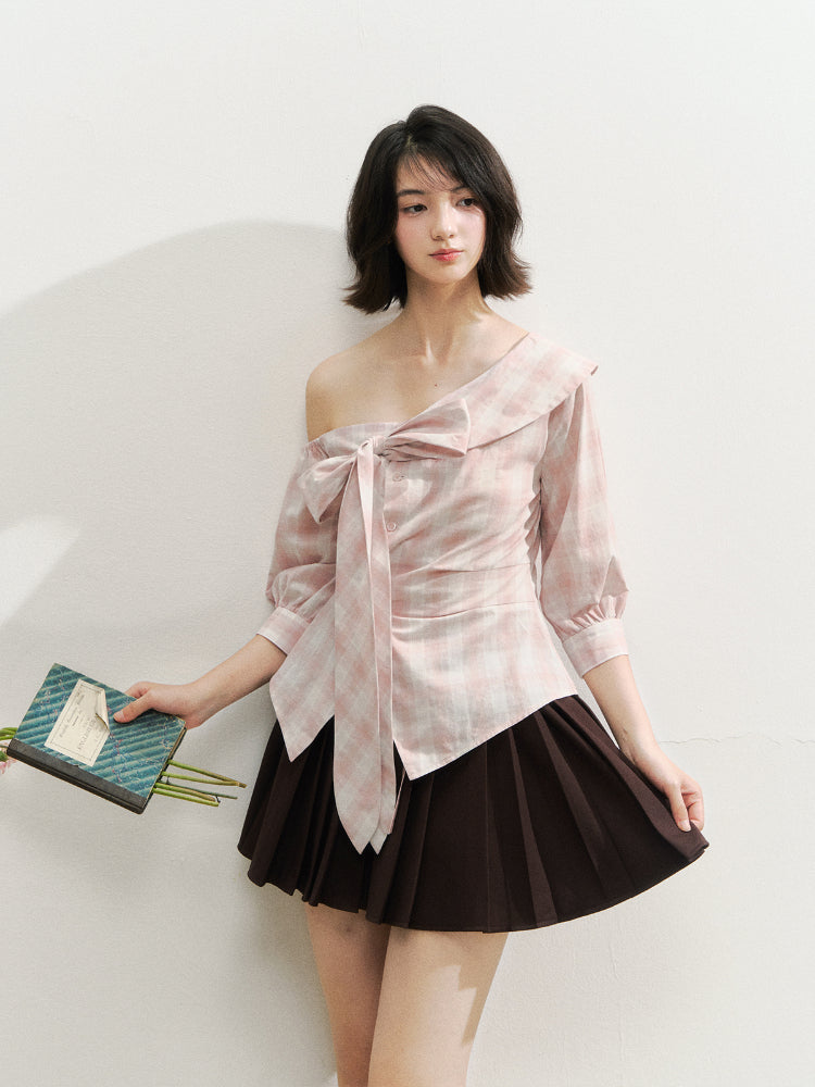 Checkered Bow One-Shoulder Asymmetric Waist-Cinching Shirt - CHINASQUAD
