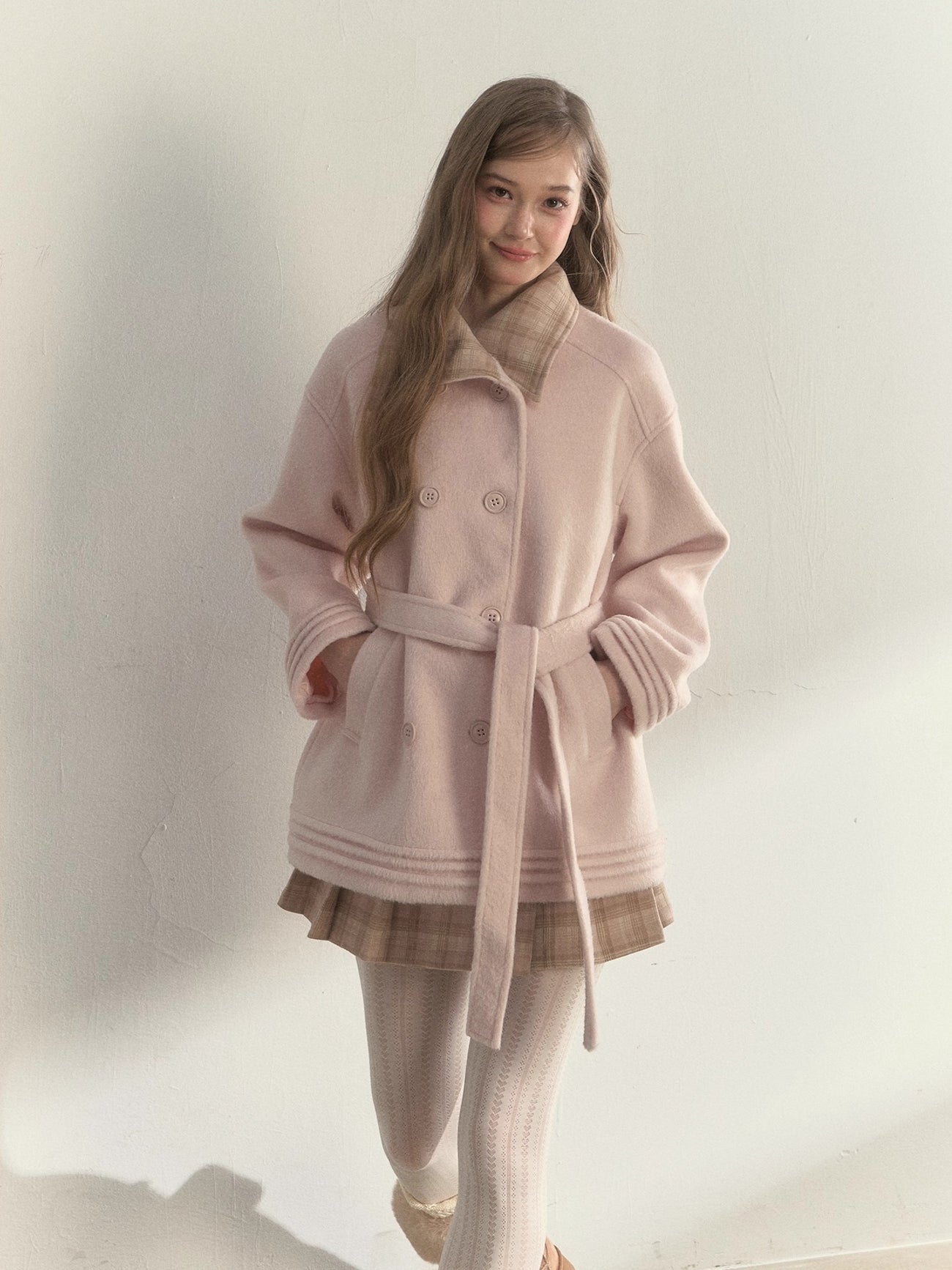 Khaki & Misty Pink Plaid Collar & Belt Wool Coat