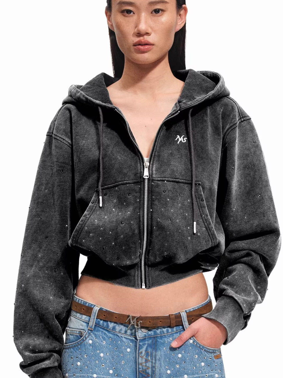 Embellished Washed Cotton Cropped Hoodie