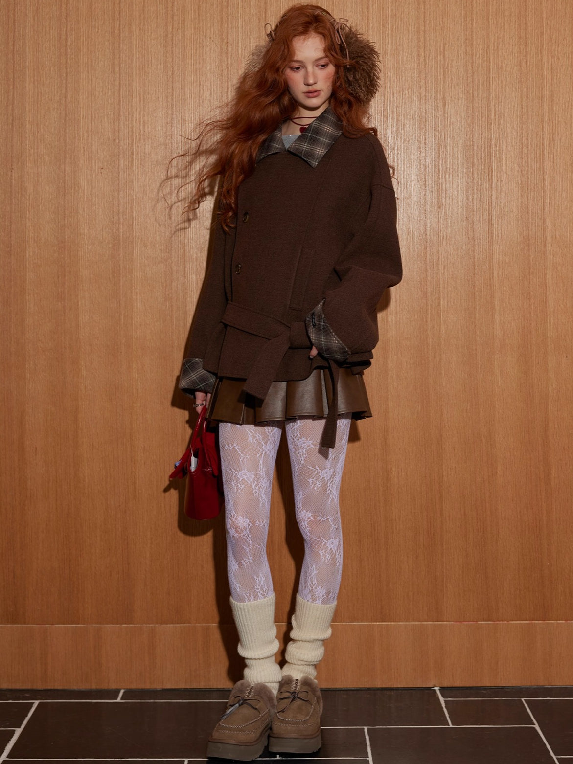 Plaid Panel Belted Wool-Blend Jacket