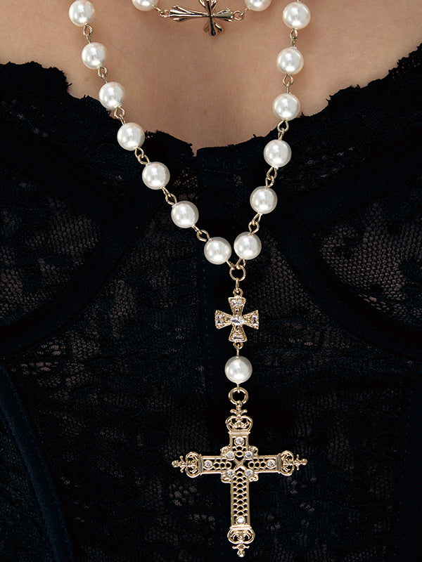 Double-Layered Pearl Fleur-de-Lis Cross Long Necklace - CHINASQUAD