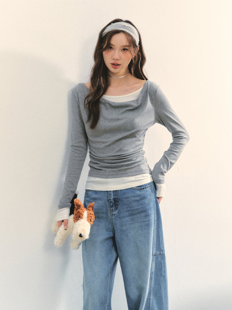 Dangle Collar Fake Two-Piece Color-Blocked Blouse - CHINASQUAD