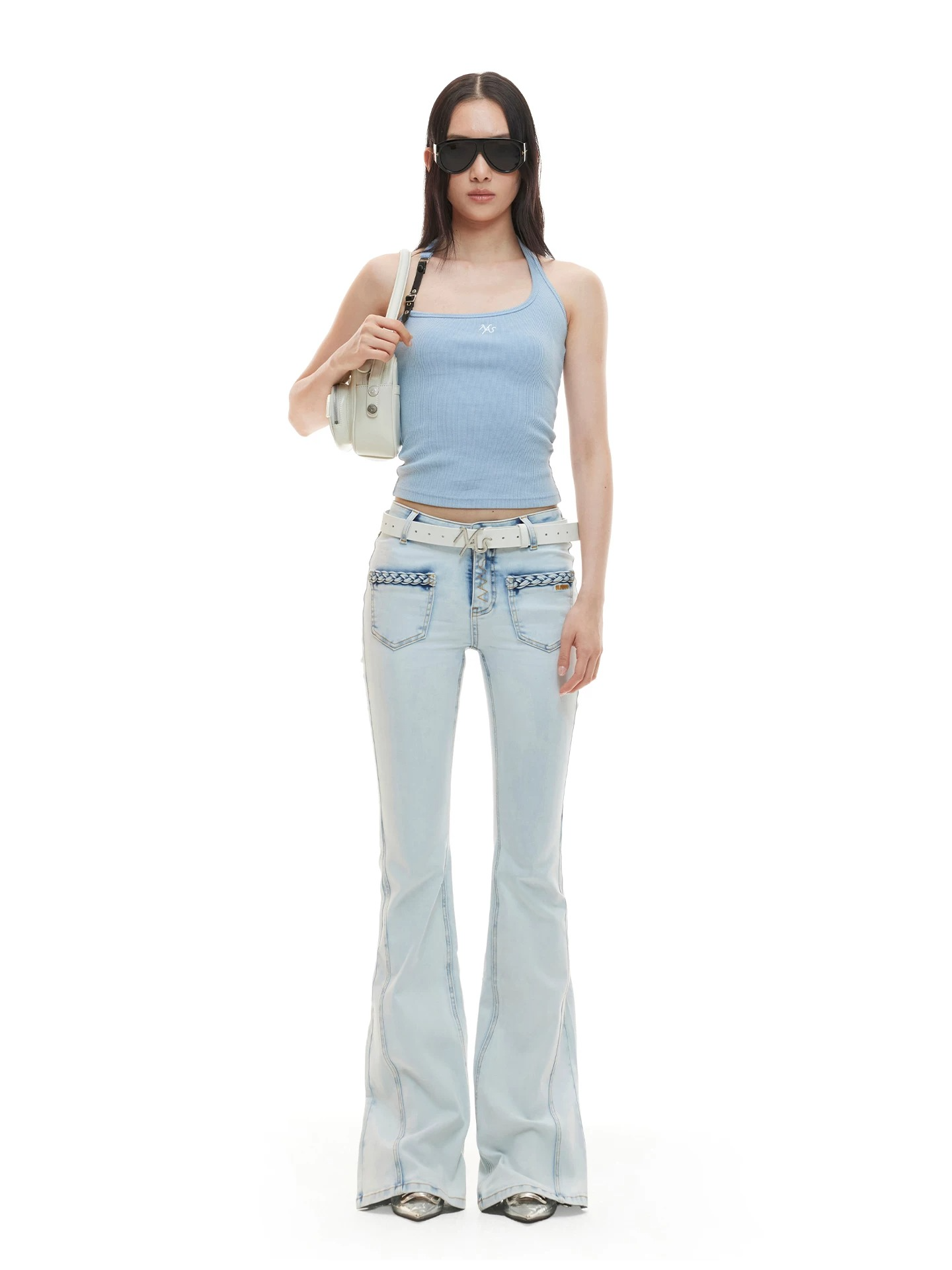 Braided Detail Mid-Rise Slim Flared Denim Jeans