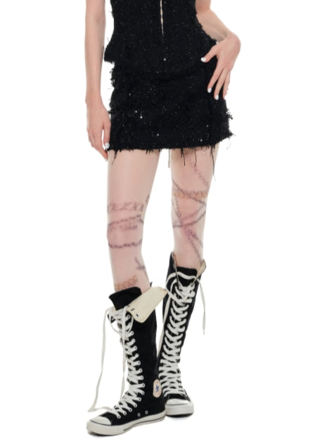 Black Tweed Mid-Low Waist Pencil Skirt - CHINASQUAD