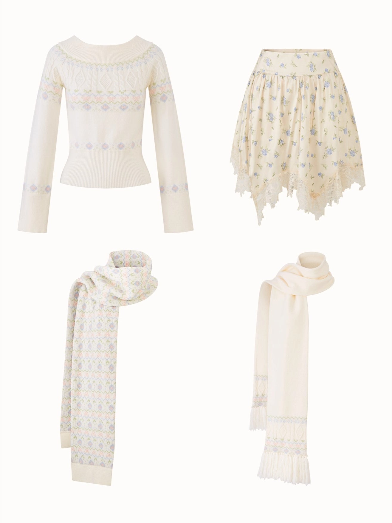 Cosagach Fair Isle Knit Crewneck & Floral Skirt Set