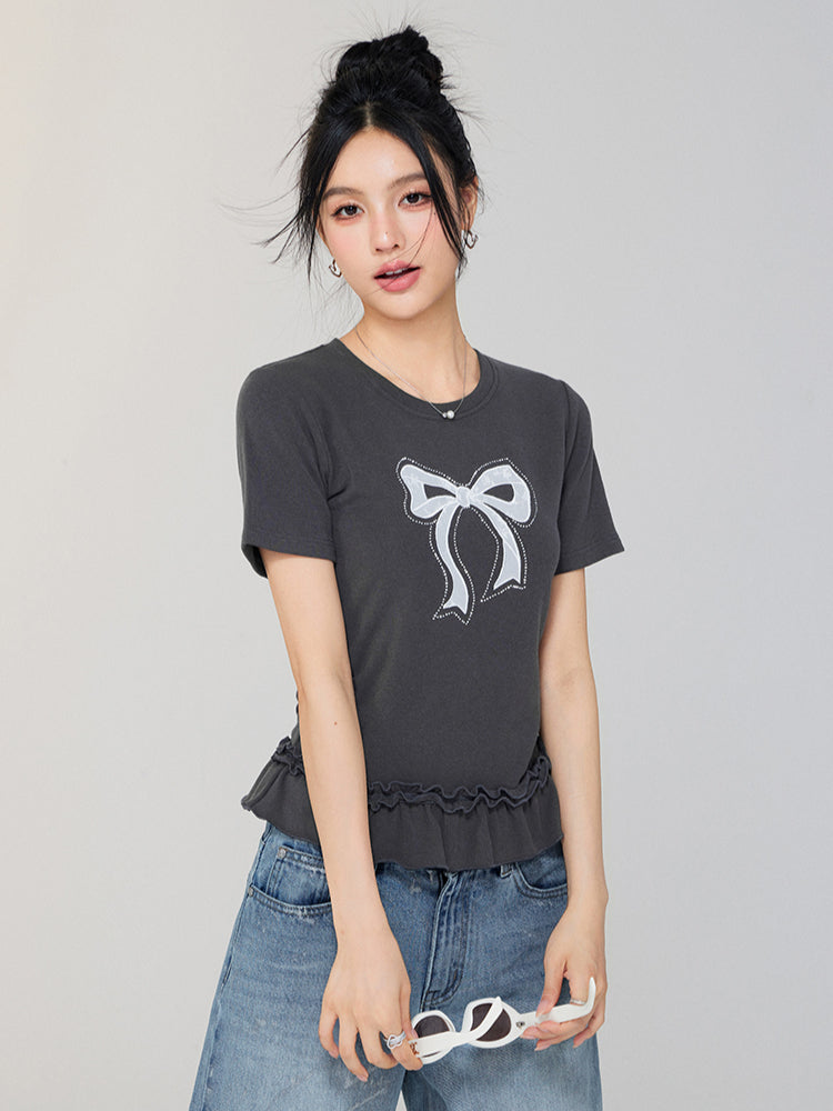 Ballet-style Bow-adorned Short sleeve Top - CHINASQUAD