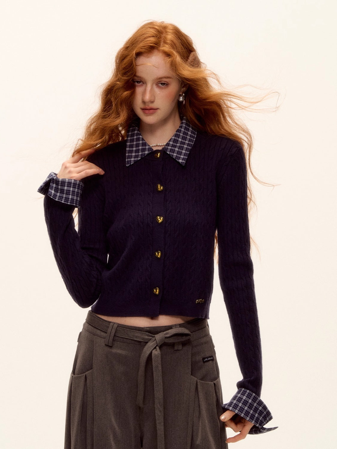 Wool Blend Plaid Patchwork Cable Knit Cardigan