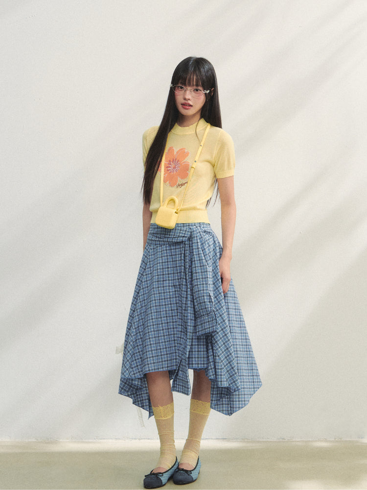 Blue Checkered Irregular Tie-Waist Skirt - CHINASQUAD