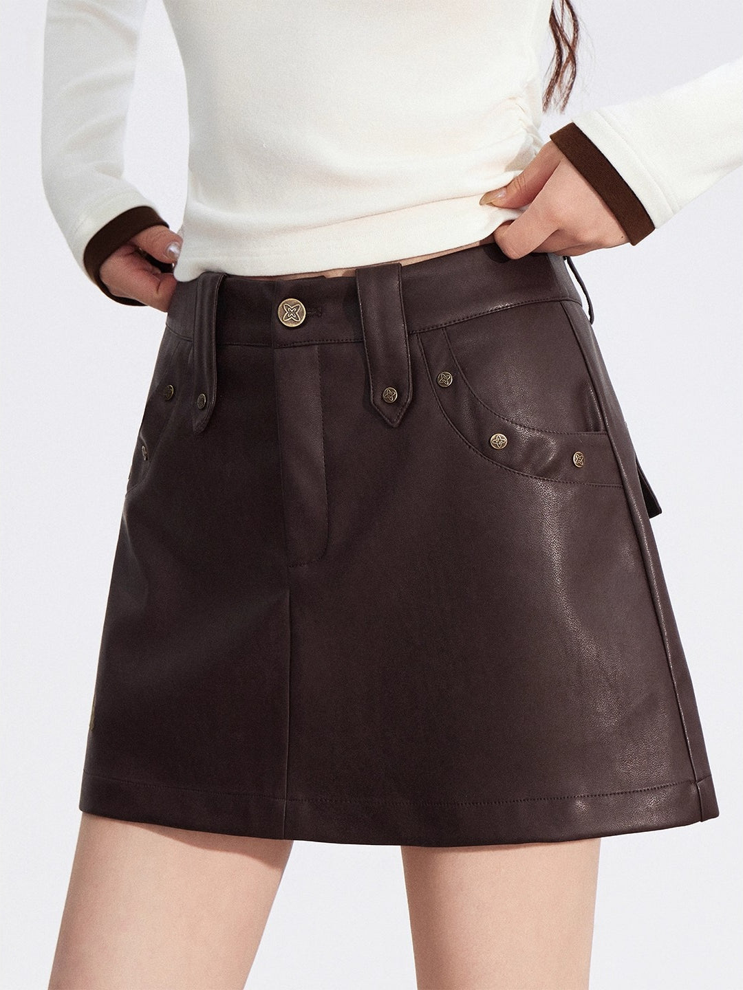Studded A-Line Faux Leather Mini Skirt - CHINASQUAD