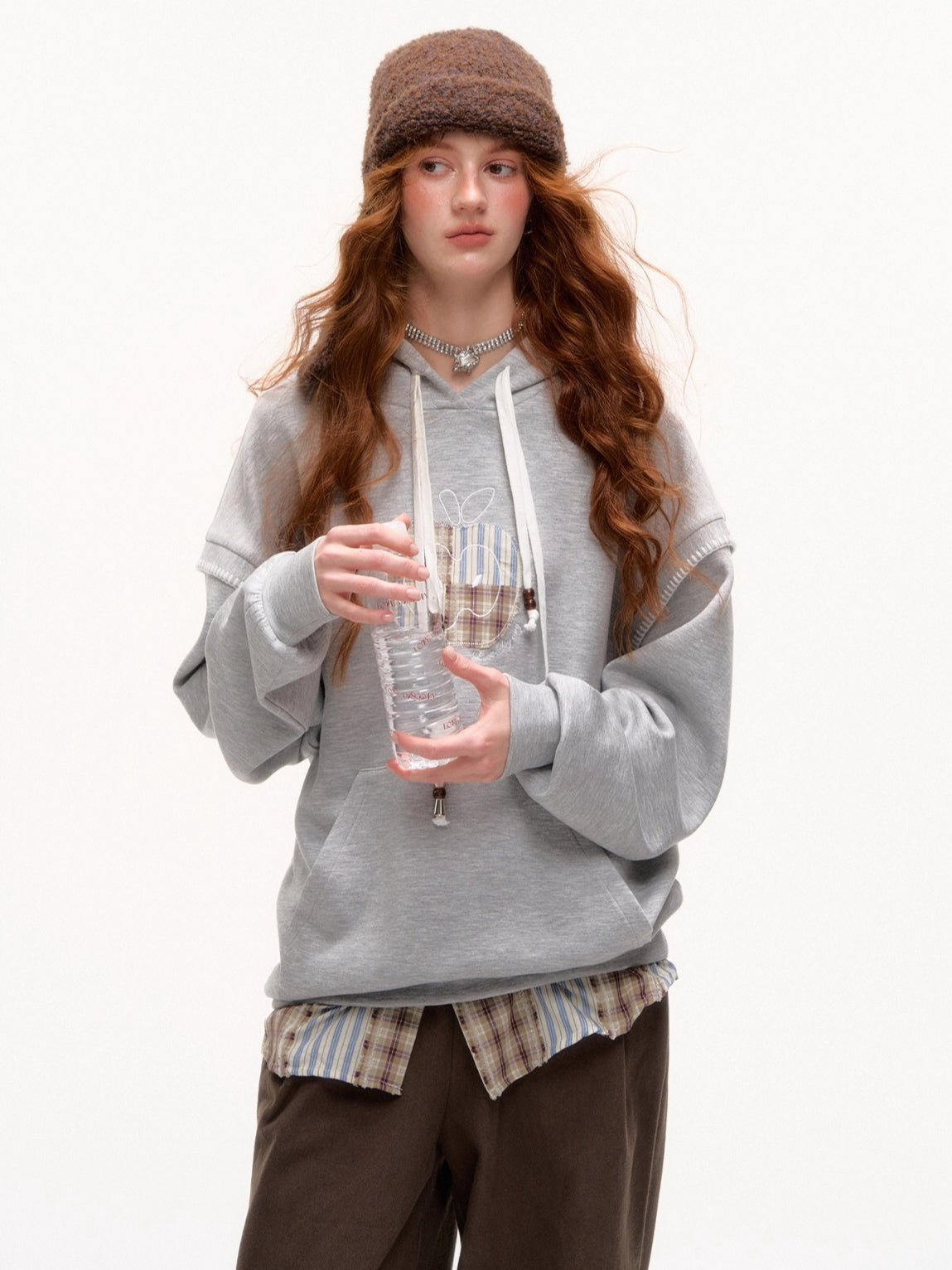 Fake Two-piece Apple Appliqué Layered Hoodie - CHINASQUAD