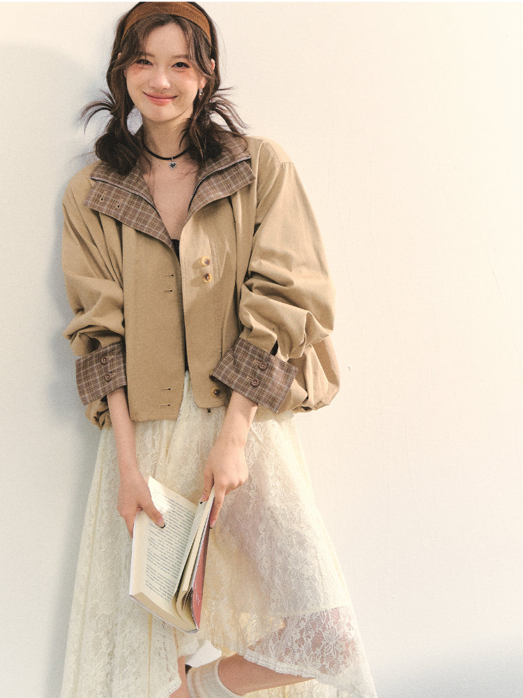 Two-piece Plaid Spliced Cocoon-shaped Trench Jacket - CHINASQUAD