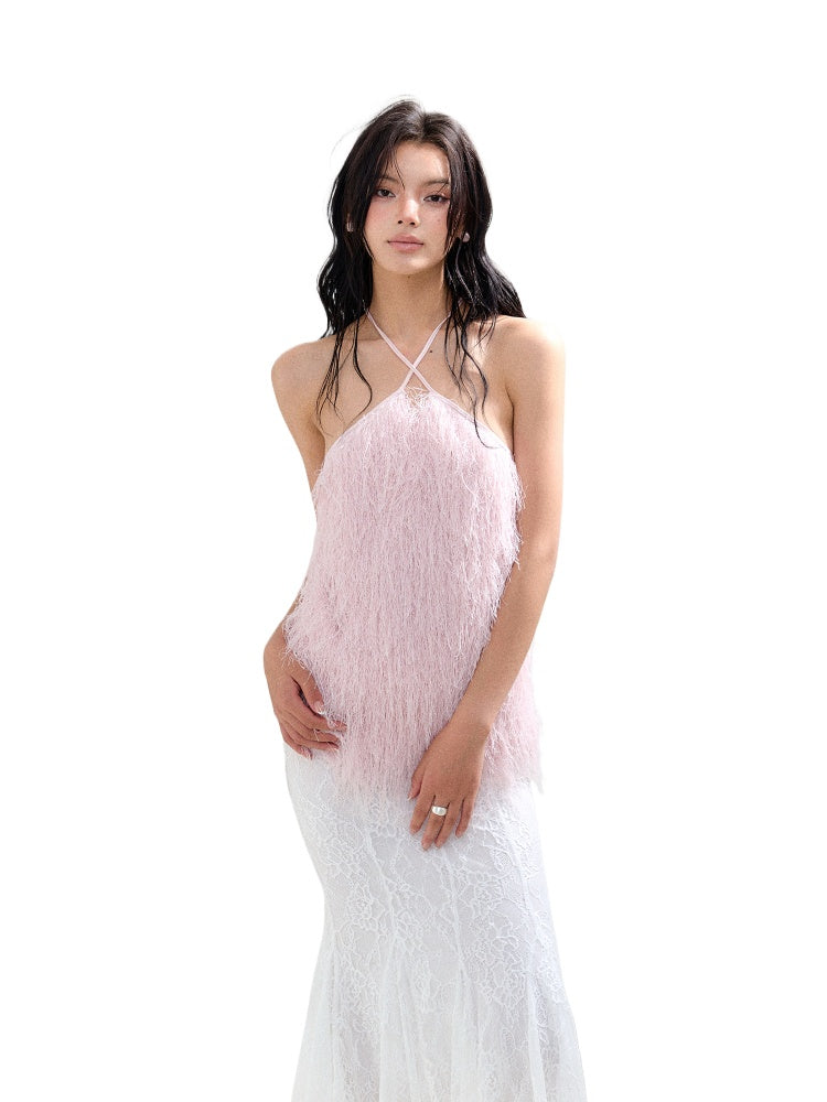 Plush Fringe Hollow Halter Vest - CHINASQUAD