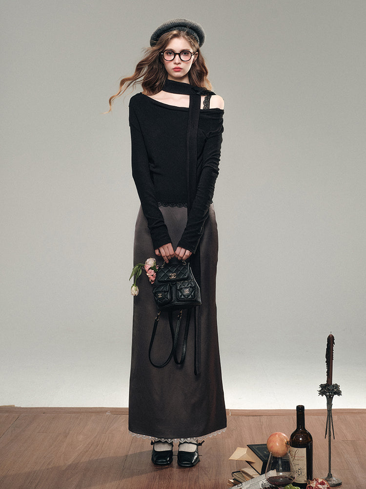(Final Sale) White & Black Off-Shoulder Lace Knit Crewneck - CHINASQUAD