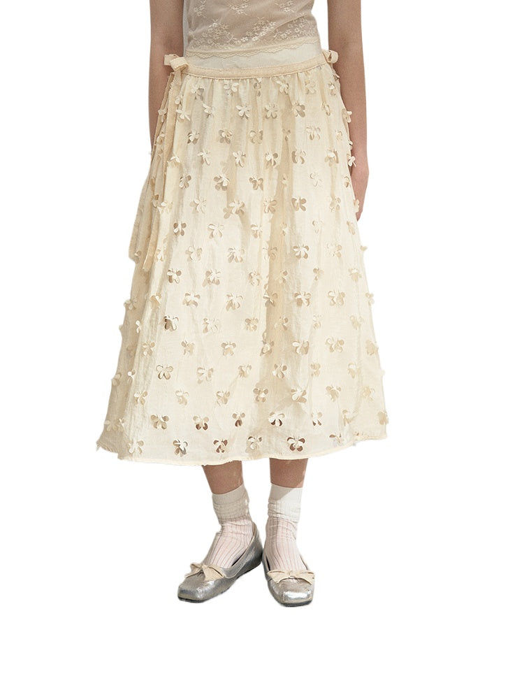 Beige 3D Hollow Floral Umbrella Skirt - CHINASQUAD