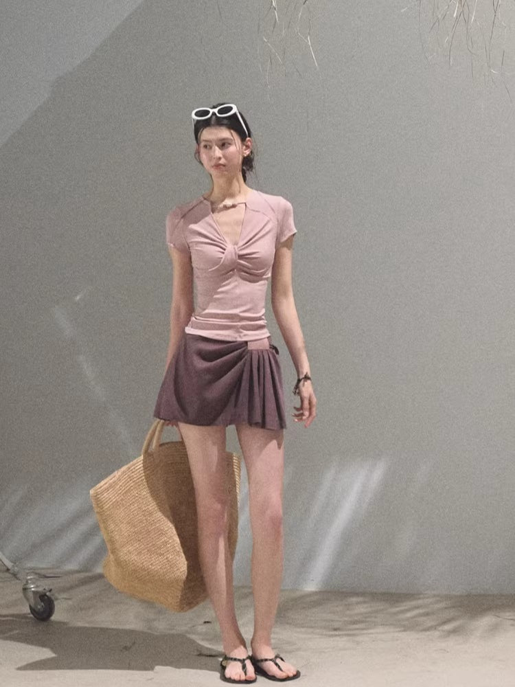 Leather Patch Lyocell–Linen A-Line Skirt