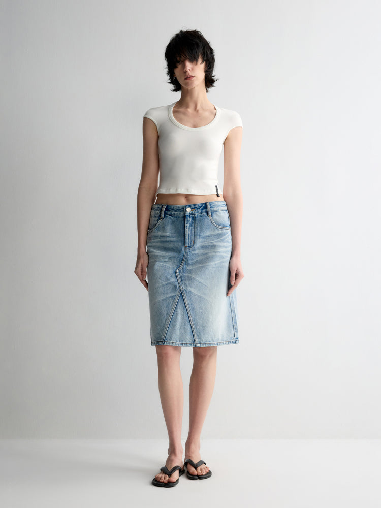 Deep U-Neck Ruffled Short Sleeve T-shirt