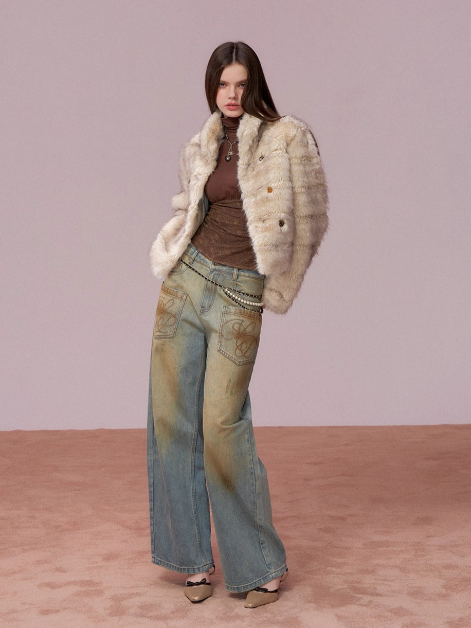 Double-Breasted Faux-Fur Short Jacket