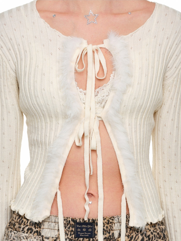 Tie-up and Fur Panel Knitted Cardigan - CHINASQUAD