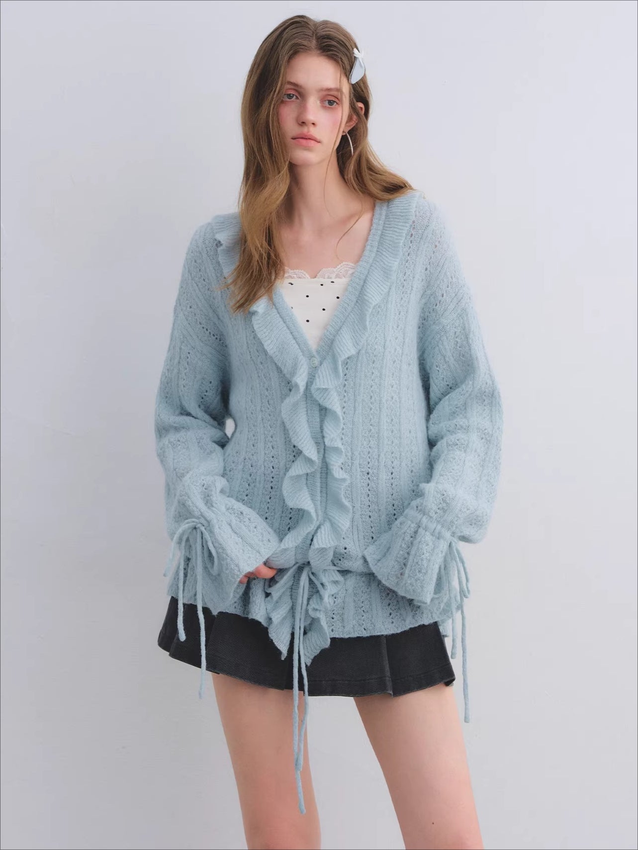 Wool Mohair Drawstring Waist Cardigan