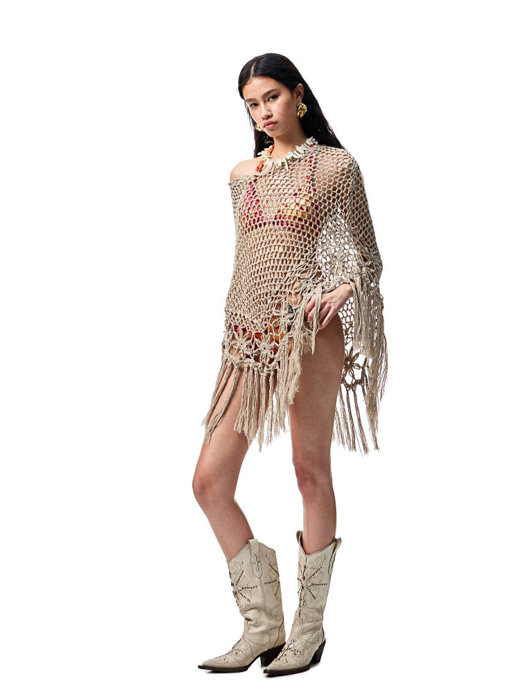 Hollow Out One-Piece Fringed Knit Shrug - CHINASQUAD