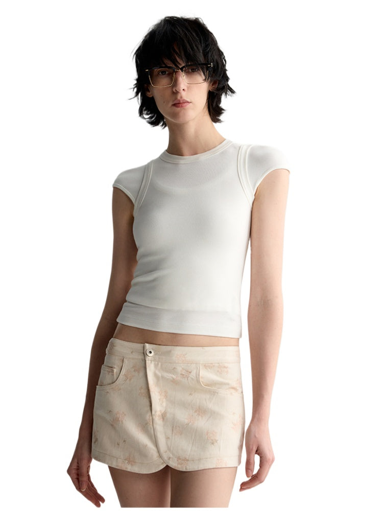 Deep U-Neck Ruffled Short Sleeve T-shirt