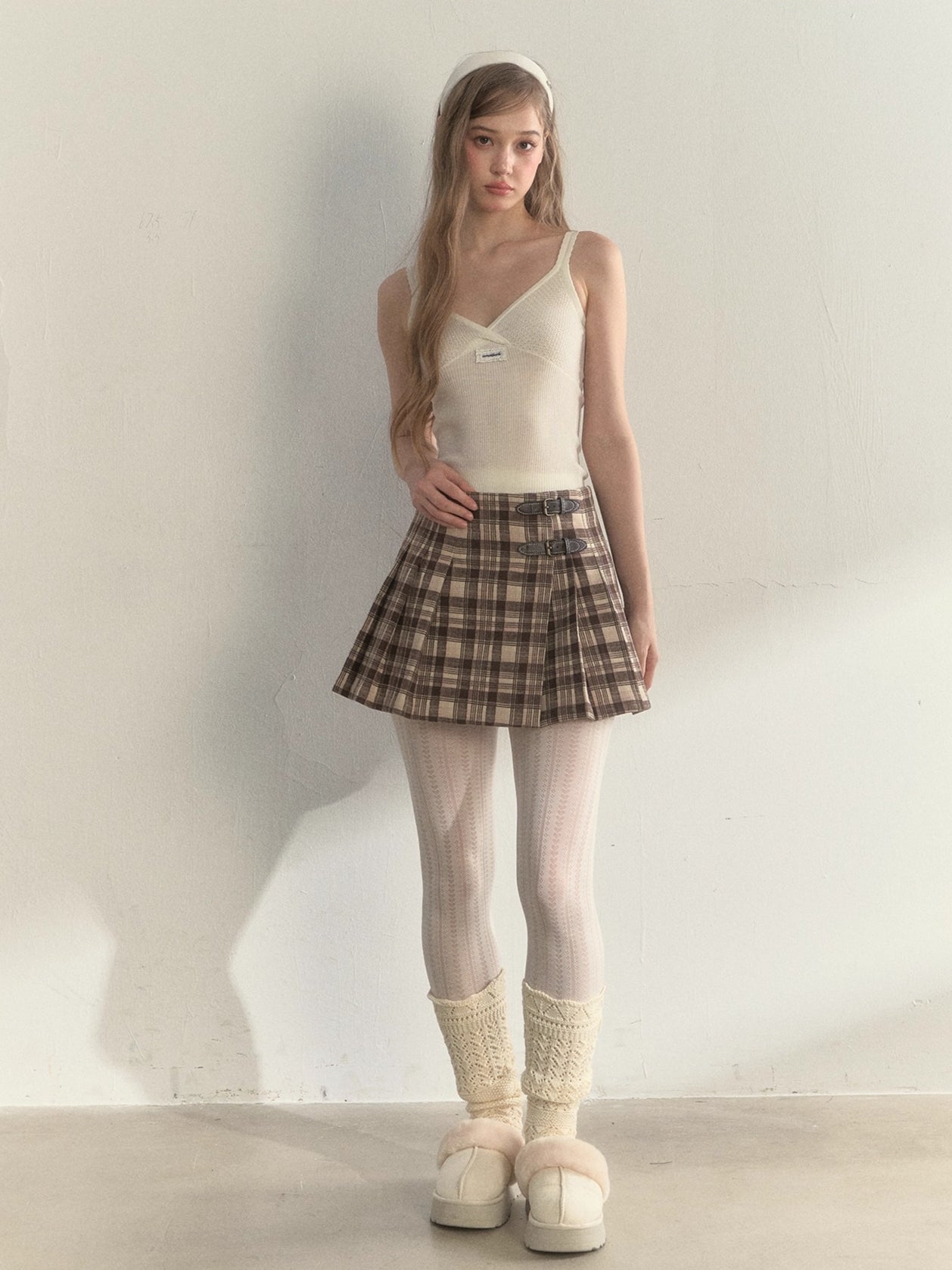 Vintage Plaid Wool Leather Buckle Pleated Skirt