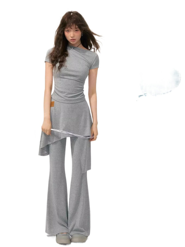 One Shoulder Irregular Slanted Pleat T-shirt & Pants Set - CHINASQUAD