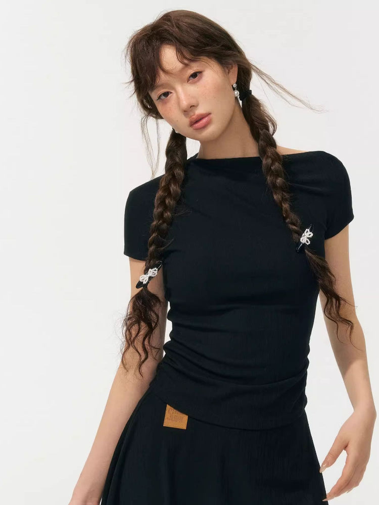 One Shoulder Irregular Slanted Pleat T-shirt & Pants Set - CHINASQUAD