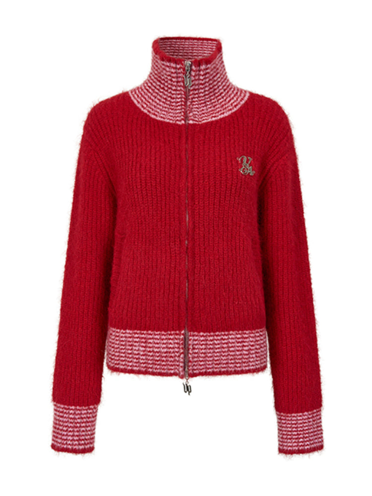 Color-Block High-Neck Knit Cardigan - CHINASQUAD