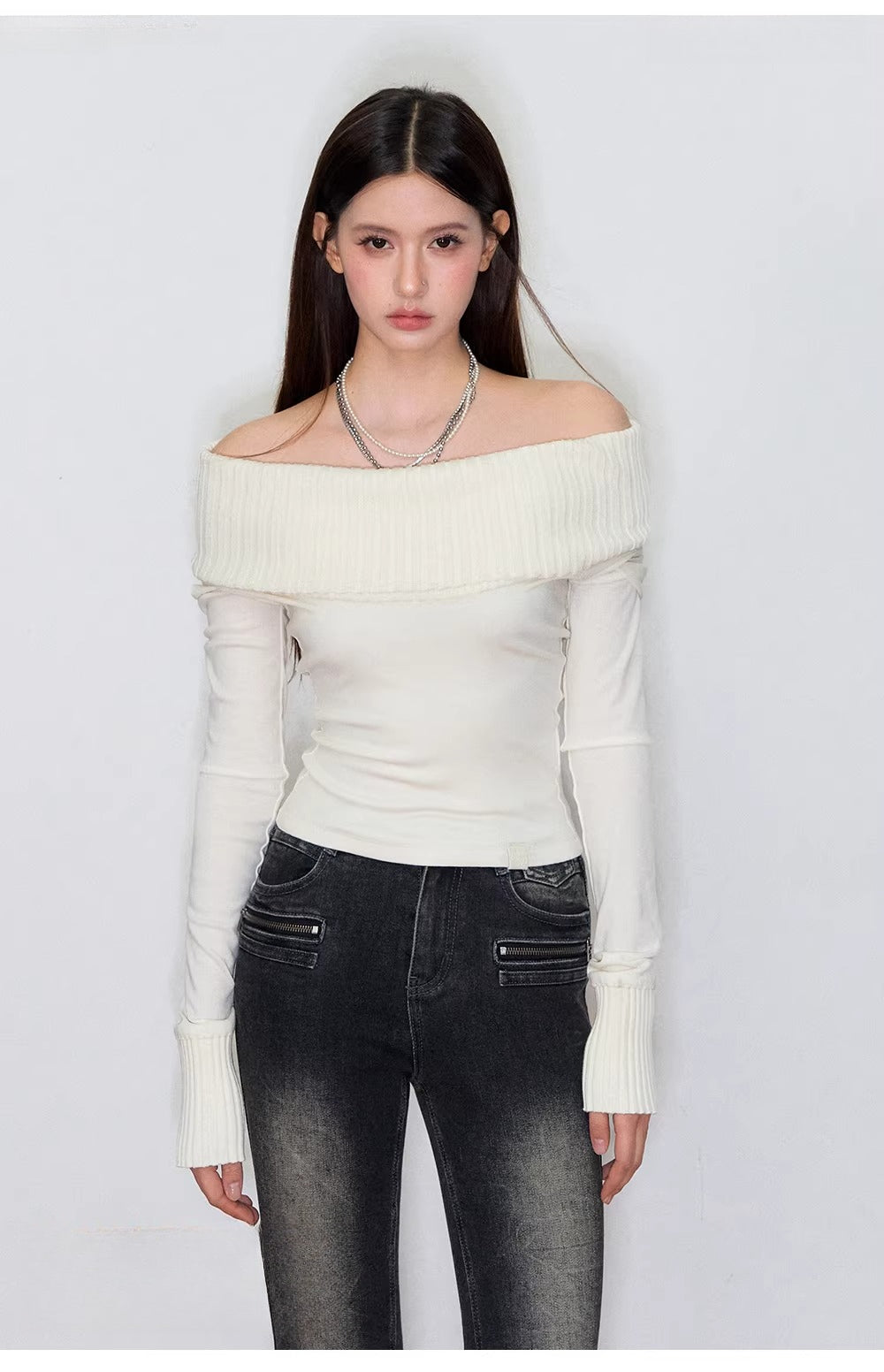 Draped Cowl-Neck Patchwork Knit Sweater