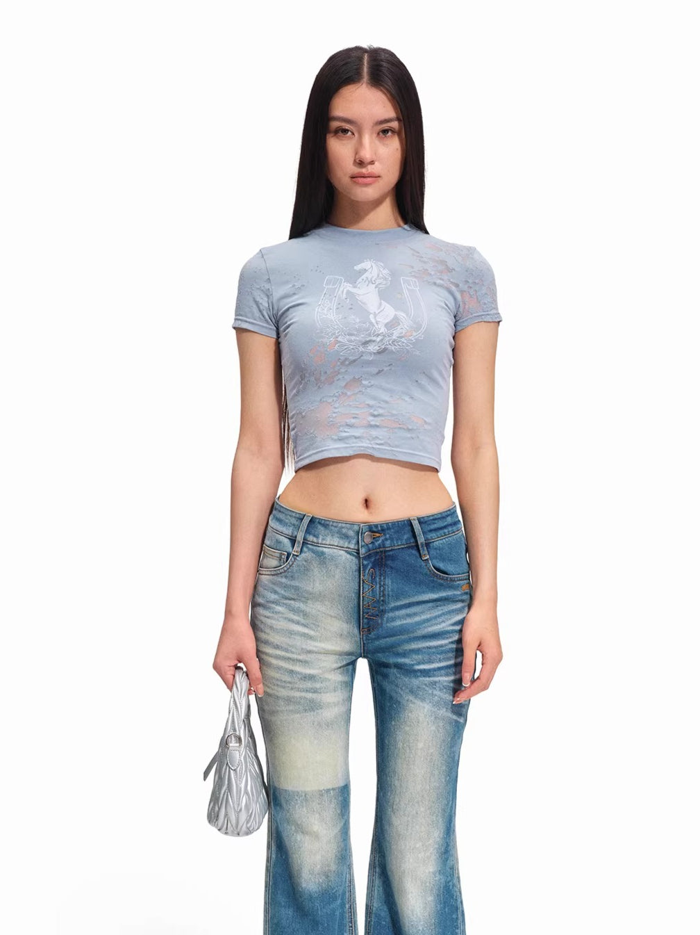 Equestrian Crest Burnout Pony Print Fitted Tee