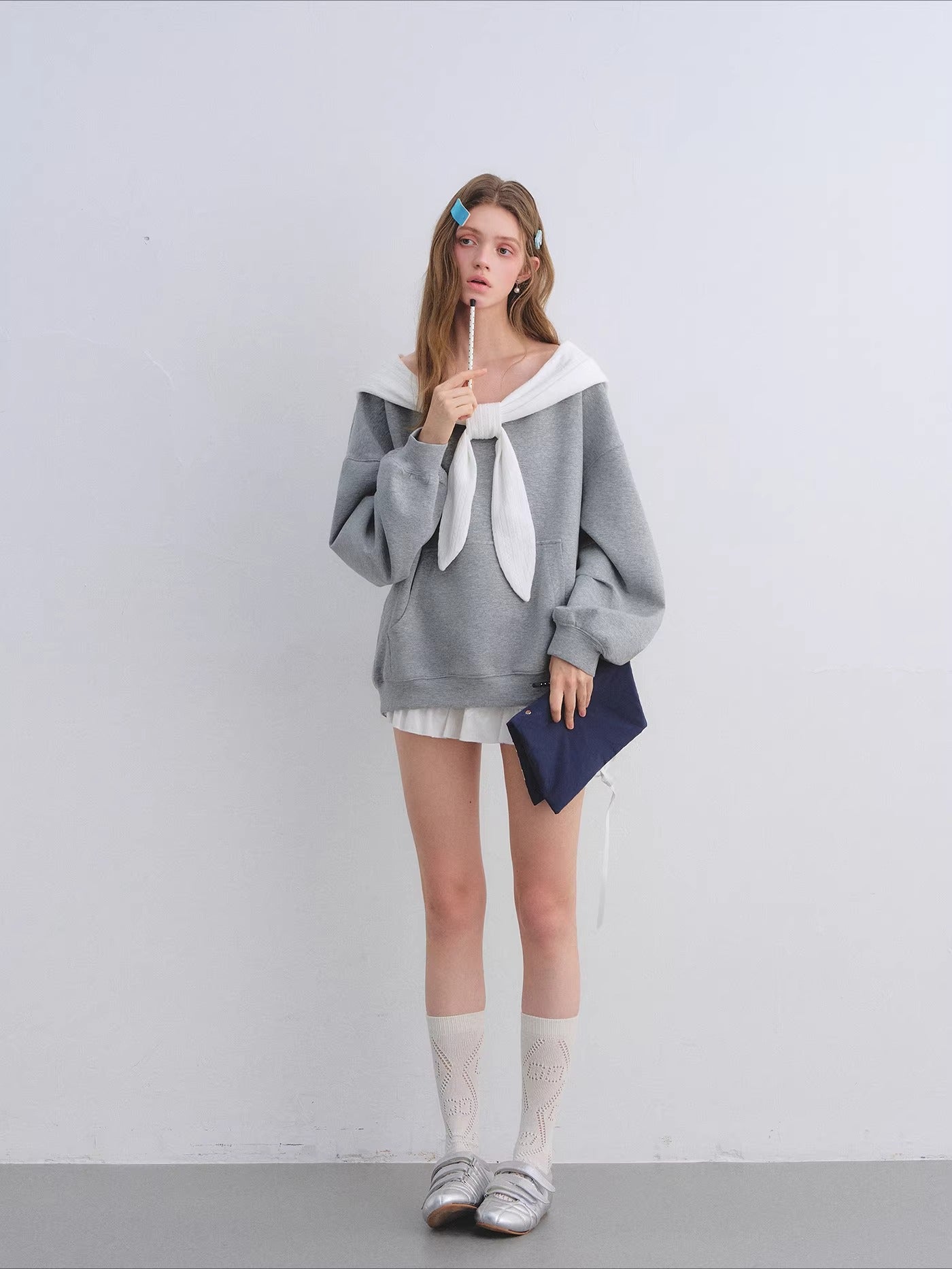 Rabbit-Ear Bow Off-Shoulder Hooded Sweatshirt